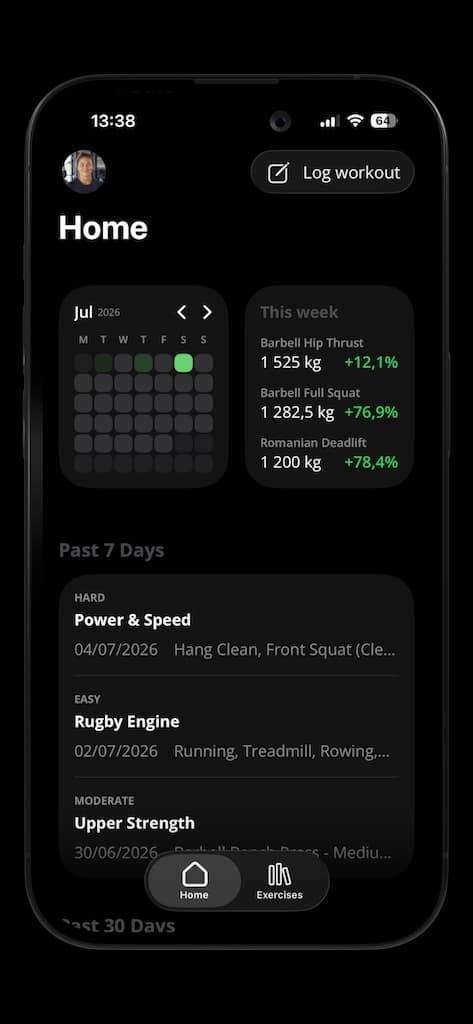 Axletic home screen showing a workout calendar and recent training progress